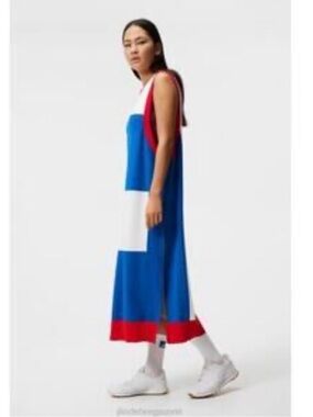 J. Lindeberg Big Bridge Knitted Dress Sleeveless Midi Dress in Blue, White & Red